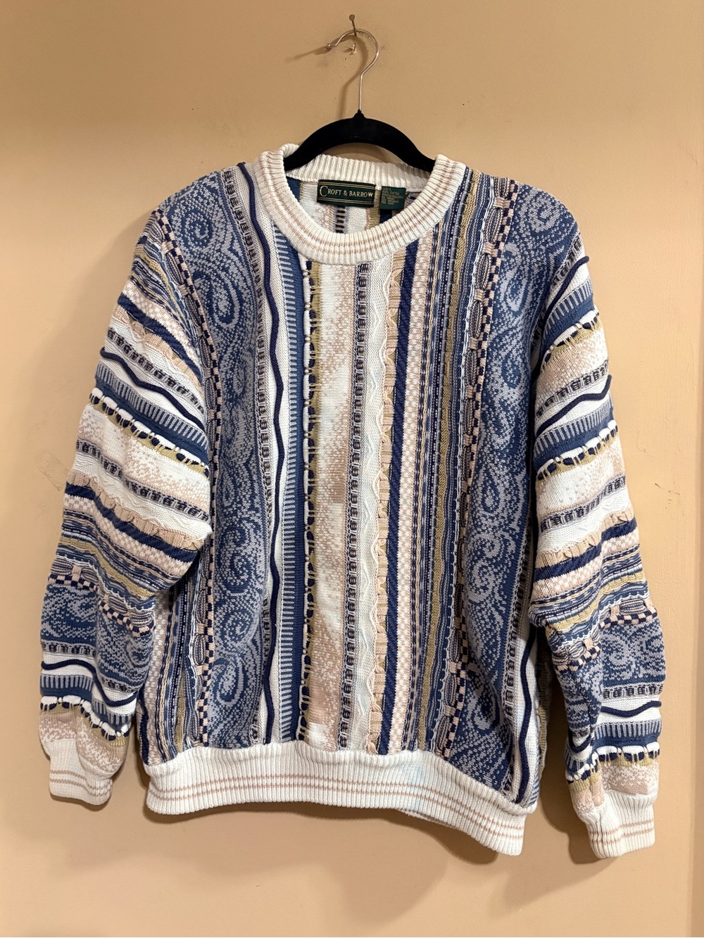 Vintage Croft & Barrow Textured Knit Sweater Blue Cream Tan Grandpa Sweater Larg